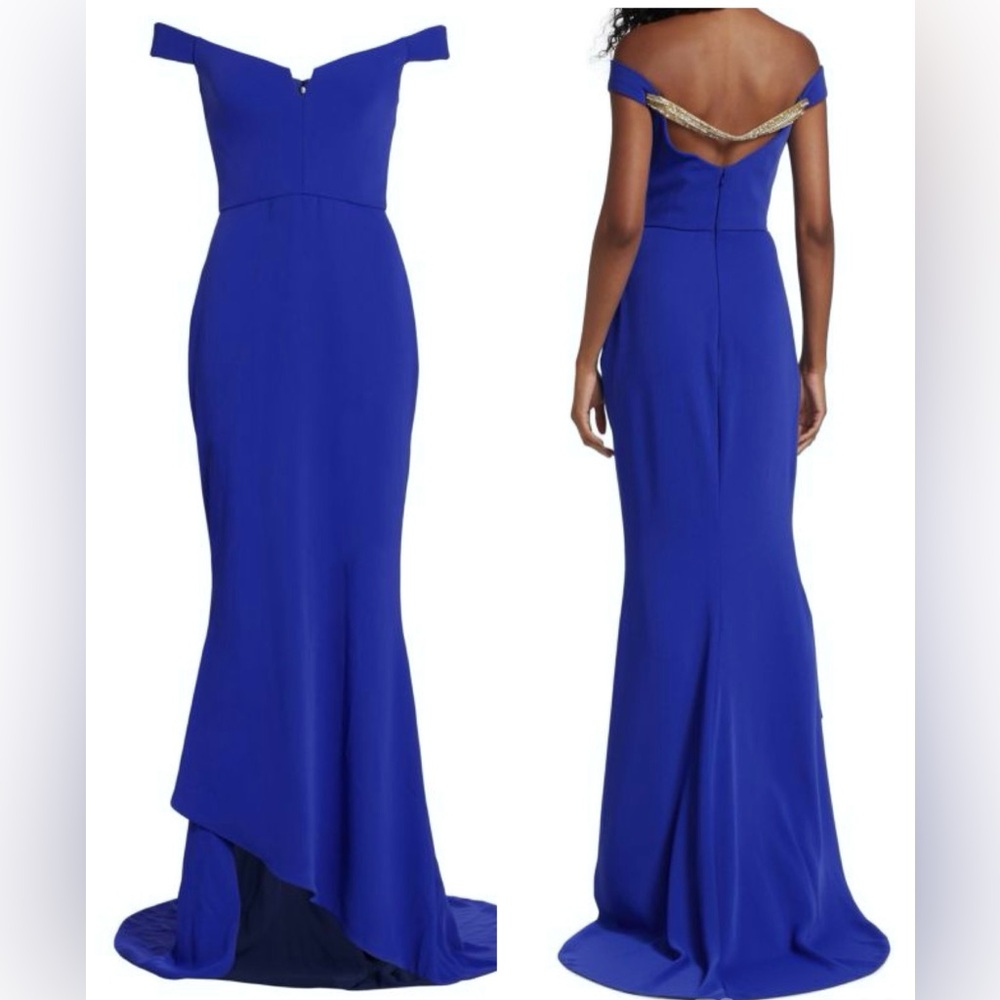 REEM ACRA Beaded Back Strap Gown Navy Blue Maxi asymmetrical dress